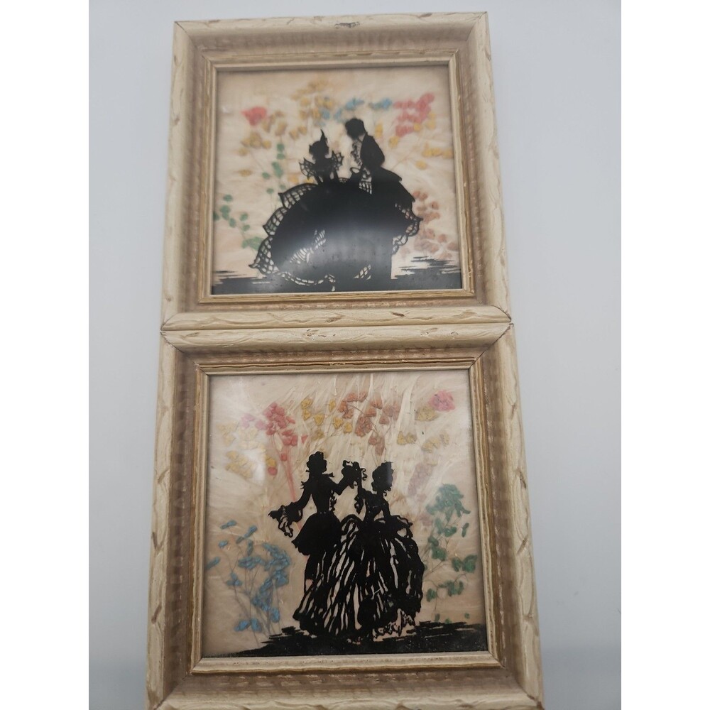 Pair of Vintage Glass Milkweed/ Wildflower Framed Silhouettes- Children Playing